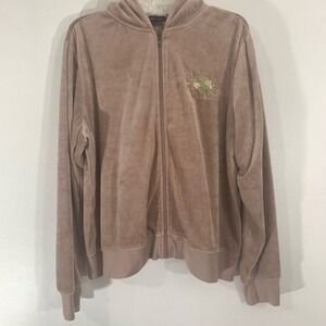 BCBG Max Azria Velour Zip Up Hoodie Mauve Embroidered Bird Sequin Plus Size 2X
